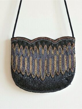 Vintage Black Beaded Evening Crossbody Art Deco Style Cocktail Purse Glam